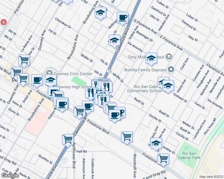 map of restaurants, bars, coffee shops, grocery stores, and more near 10718 Shellyfield Road in Downey