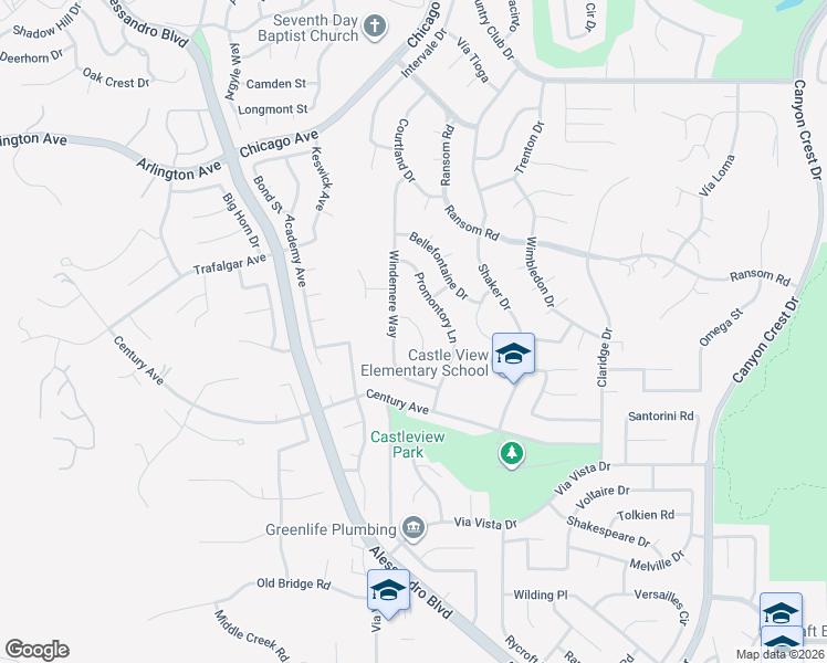 map of restaurants, bars, coffee shops, grocery stores, and more near 6140 Windemere Way in Riverside