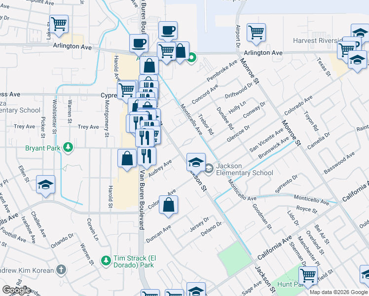 map of restaurants, bars, coffee shops, grocery stores, and more near 4719 Jackson Street in Riverside