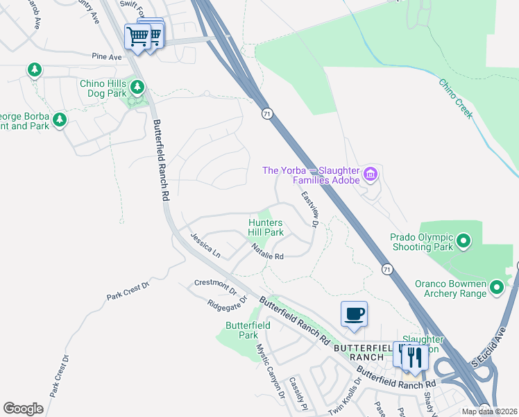 map of restaurants, bars, coffee shops, grocery stores, and more near 6068 Park Crest Drive in Chino Hills