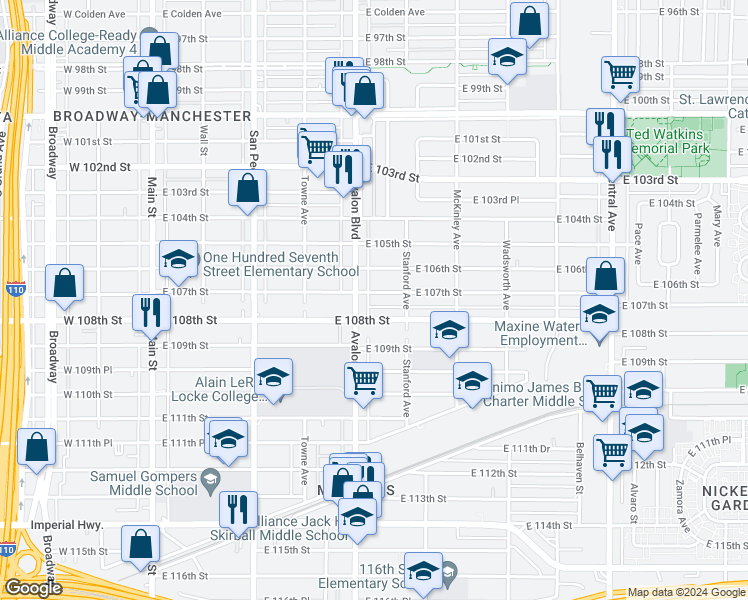 map of restaurants, bars, coffee shops, grocery stores, and more near 616 East 107th Street in Los Angeles