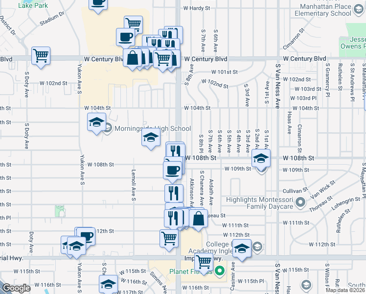 map of restaurants, bars, coffee shops, grocery stores, and more near 10634 Crenshaw Boulevard in Inglewood