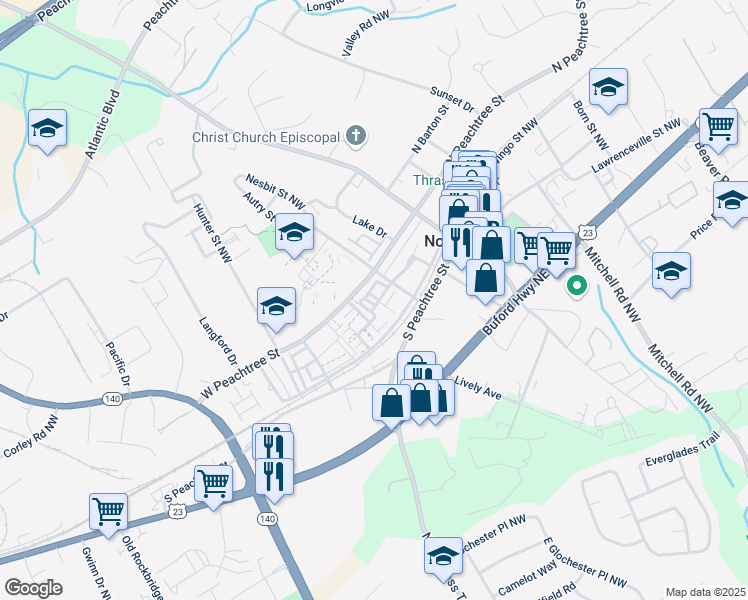 map of restaurants, bars, coffee shops, grocery stores, and more near 6065 Cushing Circle in Norcross