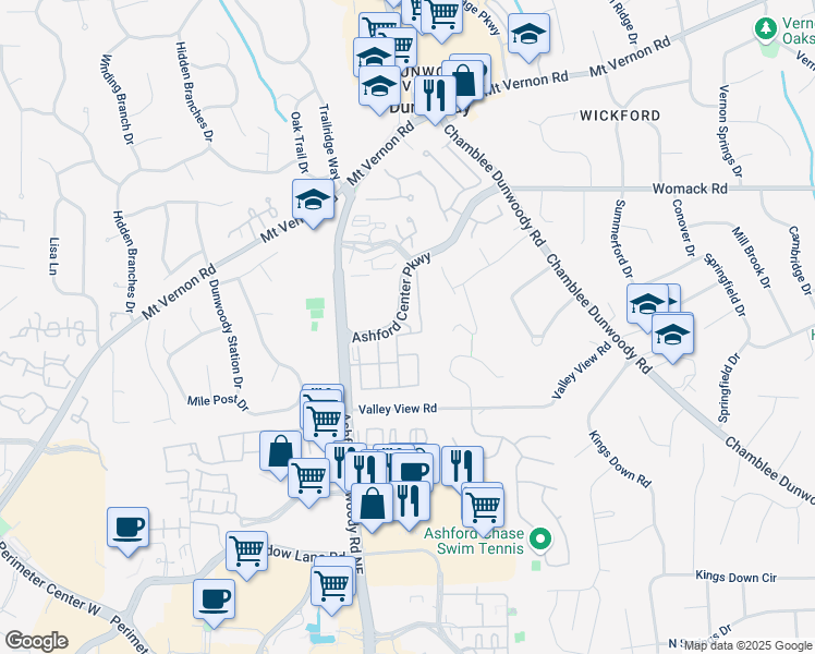 map of restaurants, bars, coffee shops, grocery stores, and more near 4867 Ashford Dunwoody Road in Dunwoody