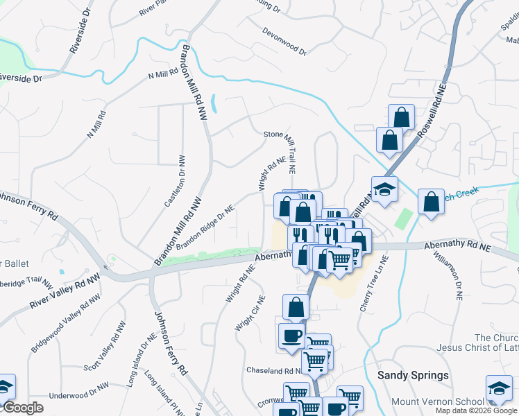 map of restaurants, bars, coffee shops, grocery stores, and more near 6720 Wright Road Northeast in Atlanta