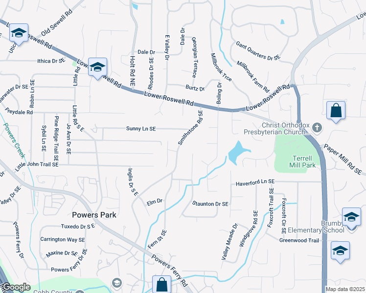 map of restaurants, bars, coffee shops, grocery stores, and more near 521 Smithstone Road Southeast in Marietta