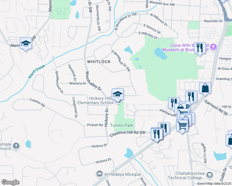 map of restaurants, bars, coffee shops, grocery stores, and more near 541 Hickory Drive in Marietta