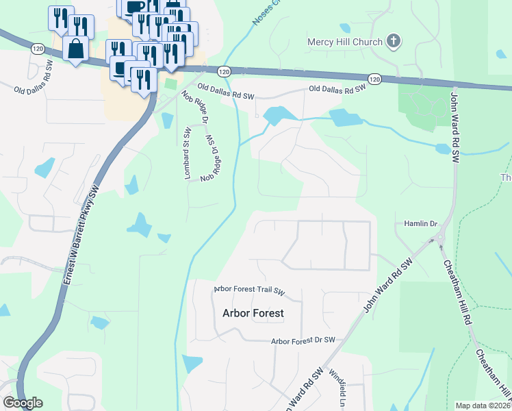 map of restaurants, bars, coffee shops, grocery stores, and more near 2168 Winding Creek Lane Southwest in Marietta