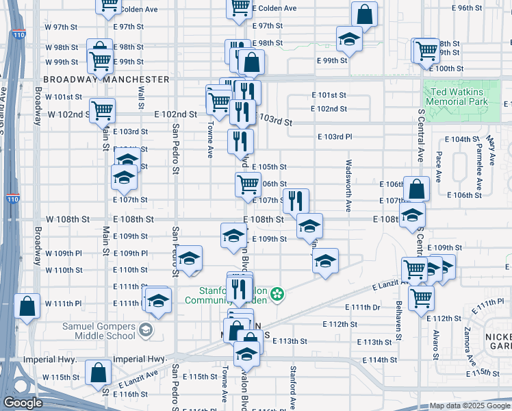 map of restaurants, bars, coffee shops, grocery stores, and more near 616 East 107th Street in Los Angeles