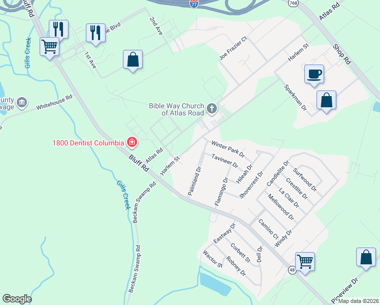 map of restaurants, bars, coffee shops, grocery stores, and more near 2600 Harlem Street in Columbia