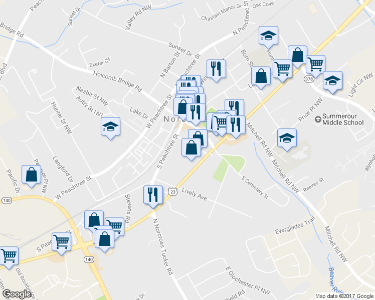 map of restaurants, bars, coffee shops, grocery stores, and more near 130 Carlyle Street Northwest in Norcross