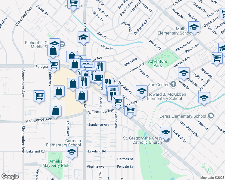 map of restaurants, bars, coffee shops, grocery stores, and more near 13631 Bentongrove Drive in Whittier