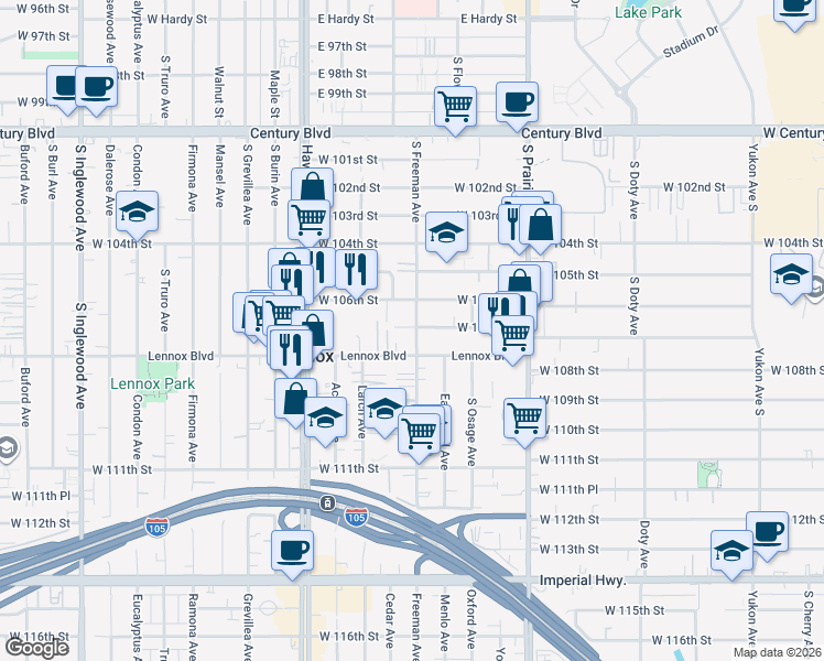 map of restaurants, bars, coffee shops, grocery stores, and more near 10703 South Freeman Avenue in Lennox