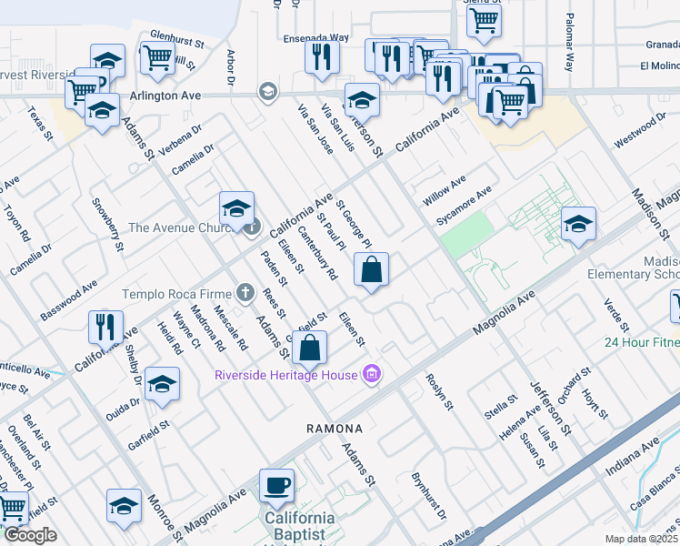 map of restaurants, bars, coffee shops, grocery stores, and more near 4055 Canterbury Road in Riverside