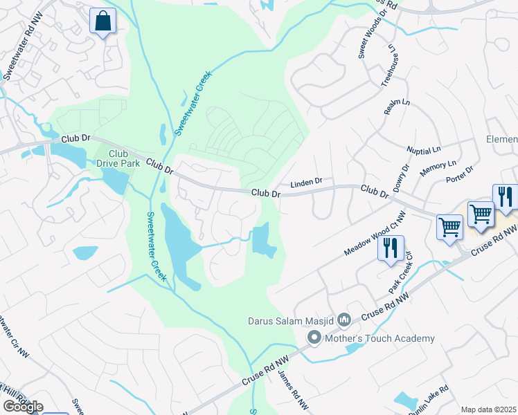 map of restaurants, bars, coffee shops, grocery stores, and more near 3130 Jorden Crest Court Northwest in Lawrenceville