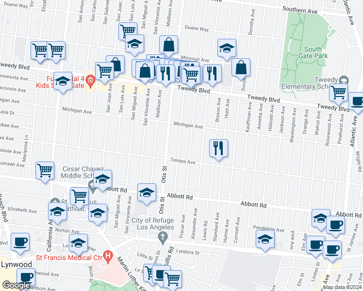 map of restaurants, bars, coffee shops, grocery stores, and more near 10312 McNerney Avenue in South Gate