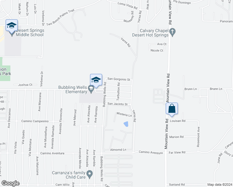 map of restaurants, bars, coffee shops, grocery stores, and more near 15055 Tarbutton Road in Desert Hot Springs