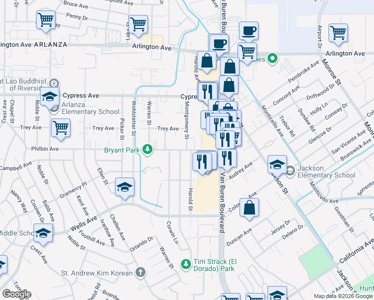 map of restaurants, bars, coffee shops, grocery stores, and more near Philbin Avenue & Montgomery Street in Riverside