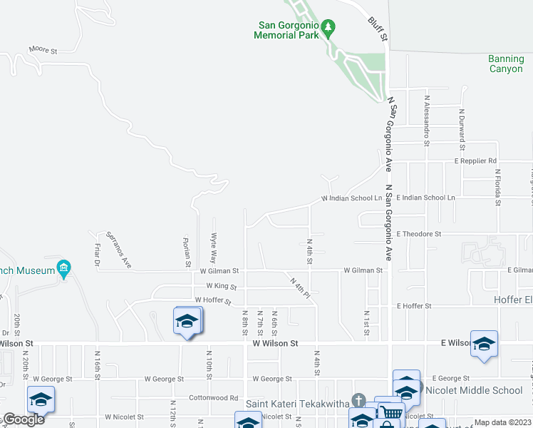 map of restaurants, bars, coffee shops, grocery stores, and more near West Indian School Lane & Pendleton Road in Banning
