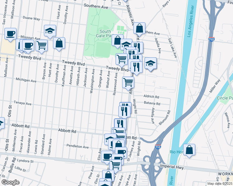 map of restaurants, bars, coffee shops, grocery stores, and more near 10206 Rosewood Avenue in South Gate