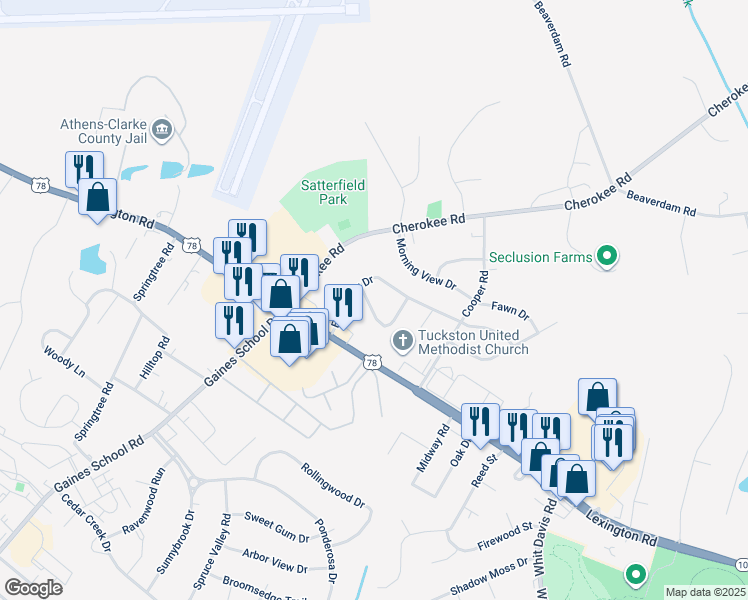 map of restaurants, bars, coffee shops, grocery stores, and more near 404 Meadow Lane in Athens