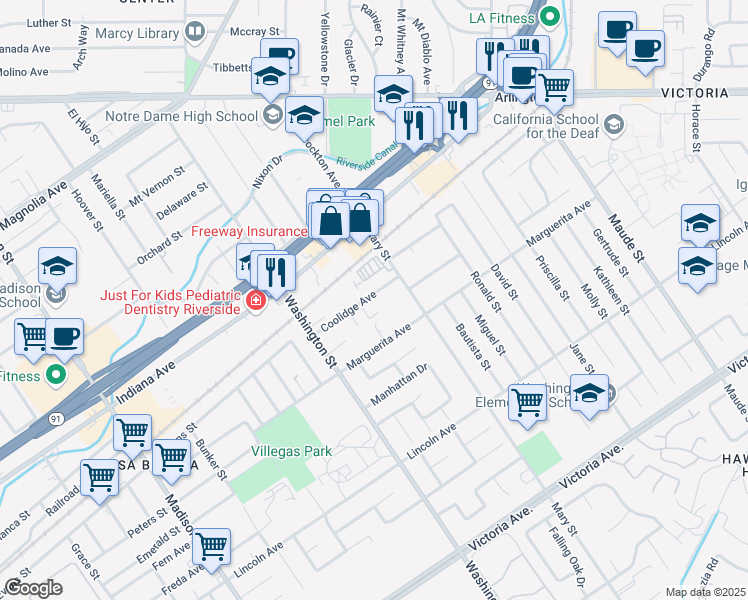 map of restaurants, bars, coffee shops, grocery stores, and more near 6964 Coolidge Avenue in Riverside