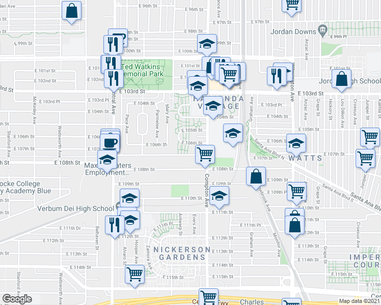 map of restaurants, bars, coffee shops, grocery stores, and more near 1515 East 107th Street in Los Angeles