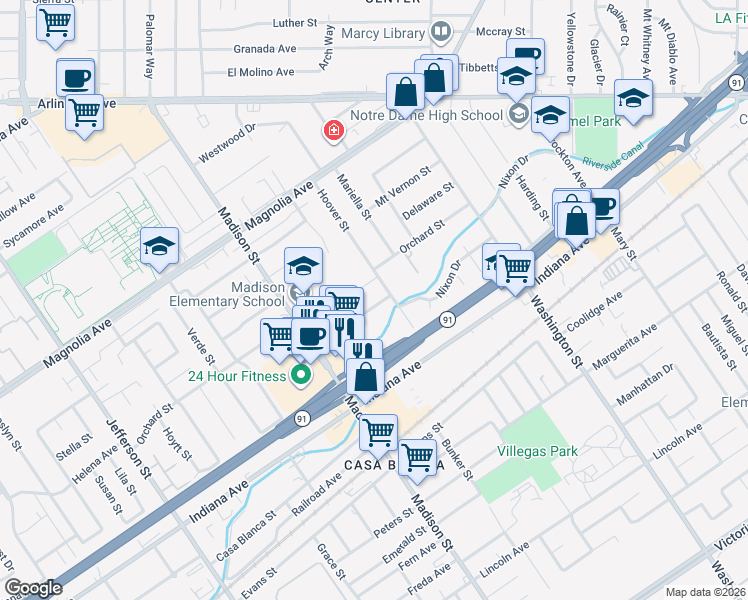 map of restaurants, bars, coffee shops, grocery stores, and more near 7335 Garden Street in Riverside