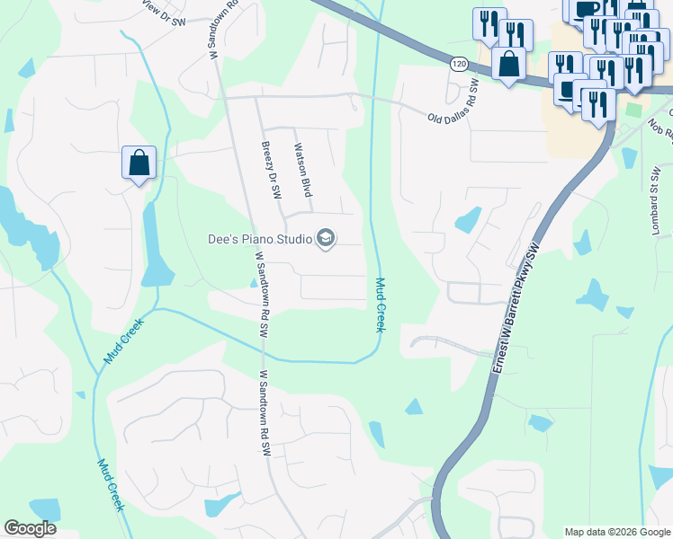 map of restaurants, bars, coffee shops, grocery stores, and more near 2986 Sutton Drive Southwest in Marietta