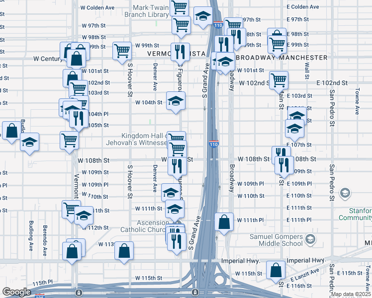 map of restaurants, bars, coffee shops, grocery stores, and more near 442 West 107th Street in Los Angeles
