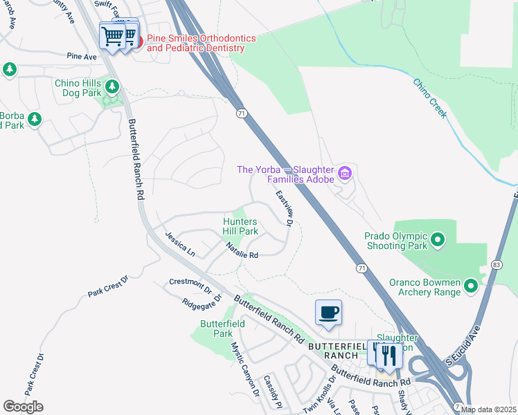 map of restaurants, bars, coffee shops, grocery stores, and more near 6119 Park Crest Drive in Chino Hills