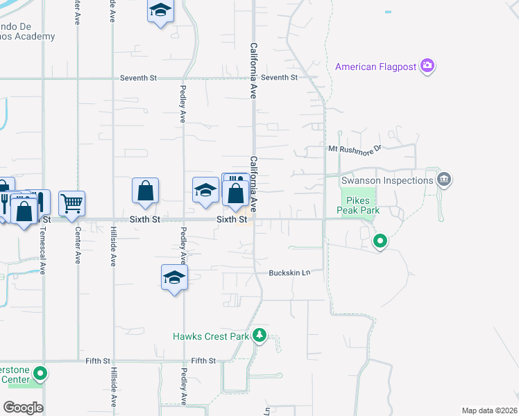 map of restaurants, bars, coffee shops, grocery stores, and more near 3953 California Avenue in Norco