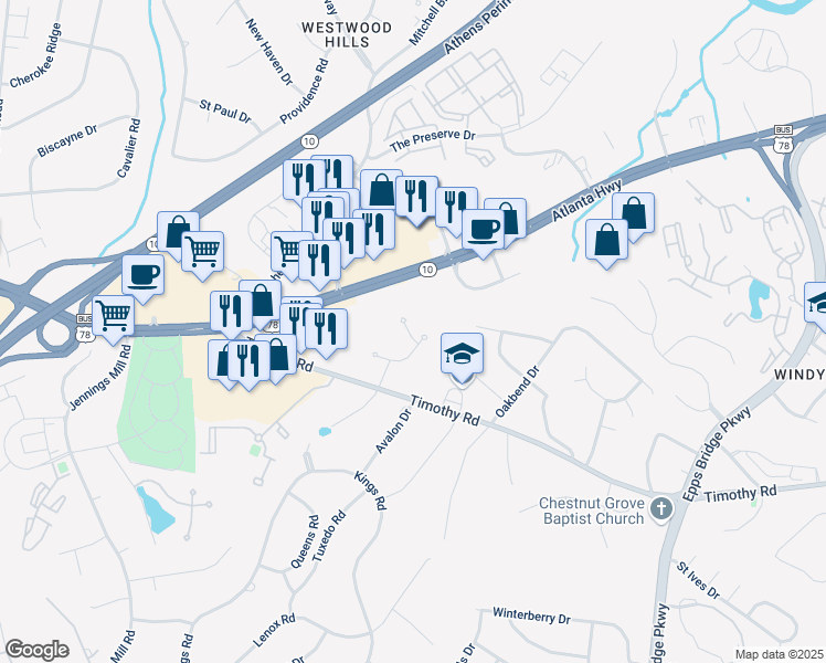 map of restaurants, bars, coffee shops, grocery stores, and more near 320 Wilde Oak Place in Athens