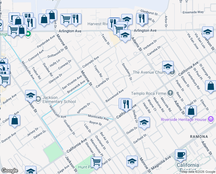 map of restaurants, bars, coffee shops, grocery stores, and more near 38 Toyon Road in Riverside