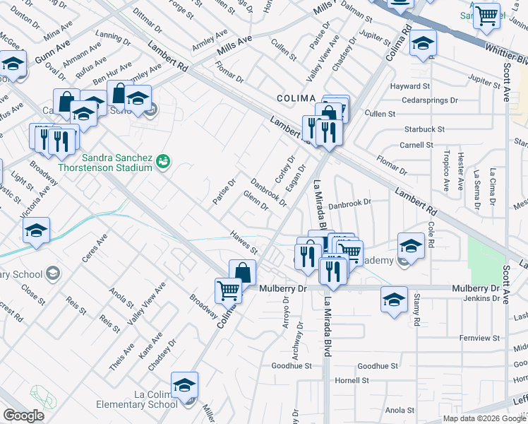 map of restaurants, bars, coffee shops, grocery stores, and more near 14754 Glenn Drive in Whittier