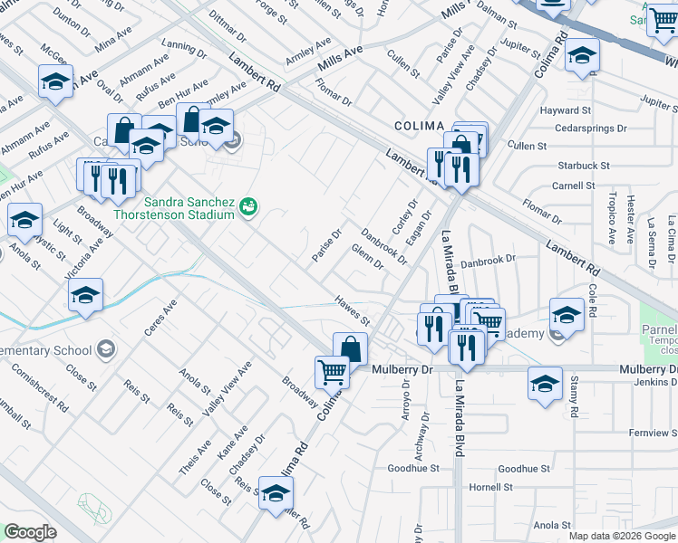 map of restaurants, bars, coffee shops, grocery stores, and more near 10535 Corley Drive in Whittier