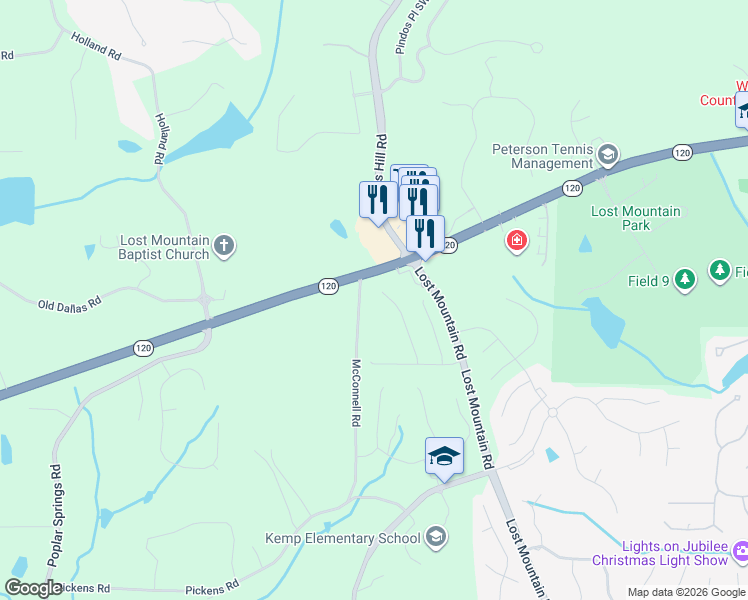 map of restaurants, bars, coffee shops, grocery stores, and more near 691 McConnell Road in Powder Springs