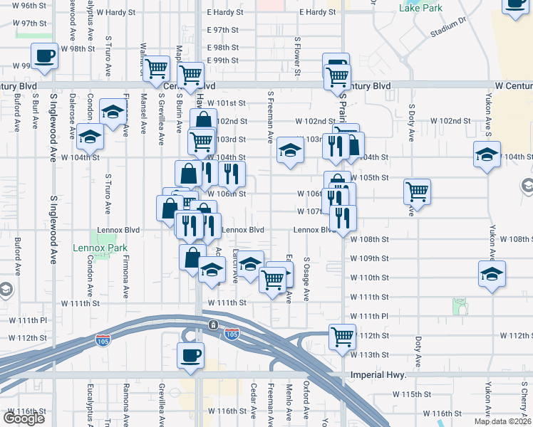 map of restaurants, bars, coffee shops, grocery stores, and more near 10703 South Freeman Avenue in Lennox