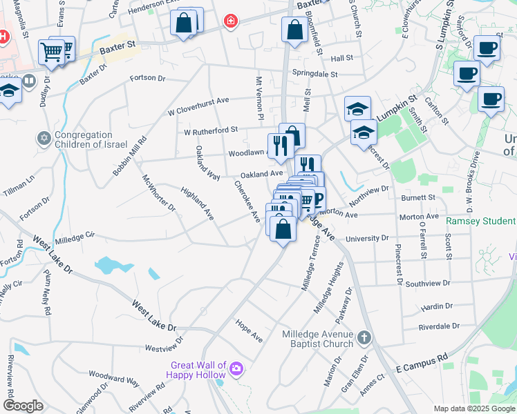 map of restaurants, bars, coffee shops, grocery stores, and more near 220 Cherokee Avenue in Athens