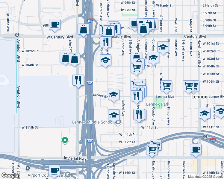 map of restaurants, bars, coffee shops, grocery stores, and more near 10700 Felton Avenue in Inglewood