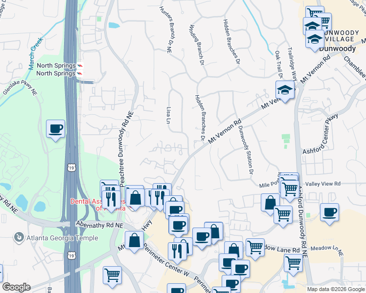 map of restaurants, bars, coffee shops, grocery stores, and more near 1 Vernon Glen Court in Dunwoody