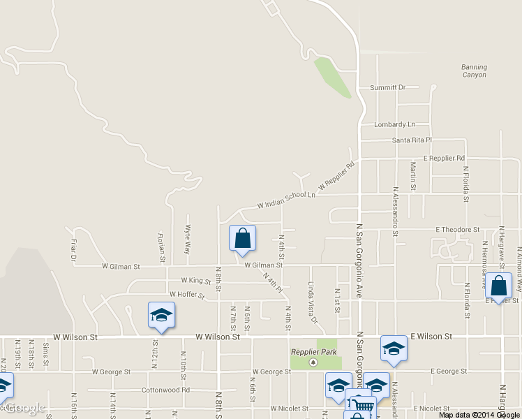 map of restaurants, bars, coffee shops, grocery stores, and more near 546 West Indian School Lane in Banning