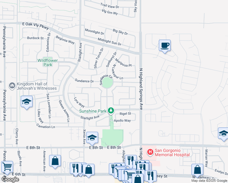 map of restaurants, bars, coffee shops, grocery stores, and more near 1613 Moss Rose Way in Beaumont