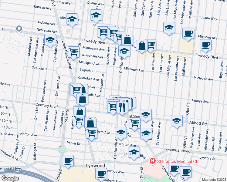 map of restaurants, bars, coffee shops, grocery stores, and more near 3450 Tenaya Avenue in South Gate