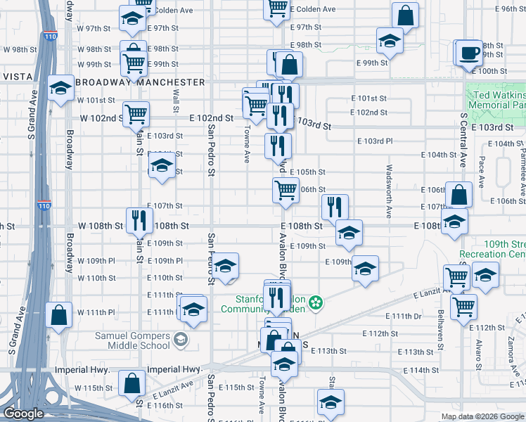 map of restaurants, bars, coffee shops, grocery stores, and more near 426 East 107th Street in Los Angeles