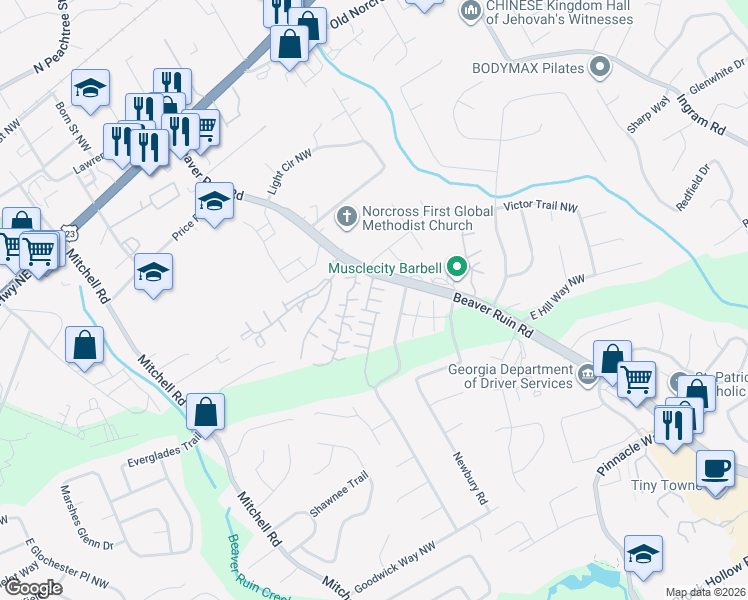 map of restaurants, bars, coffee shops, grocery stores, and more near 5365 Hickory Knoll Northwest in Norcross