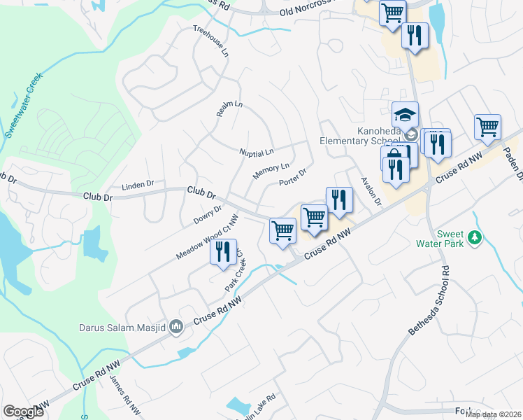 map of restaurants, bars, coffee shops, grocery stores, and more near 1062 Casanova Court in Lawrenceville