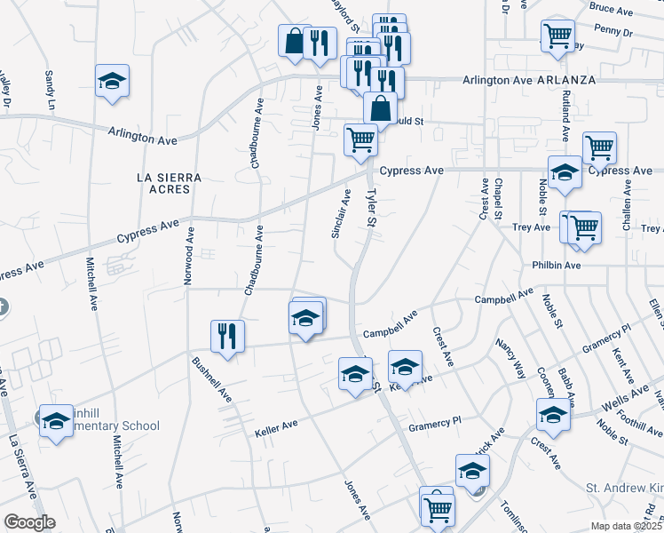 map of restaurants, bars, coffee shops, grocery stores, and more near 5880 Sinclair Avenue in Riverside