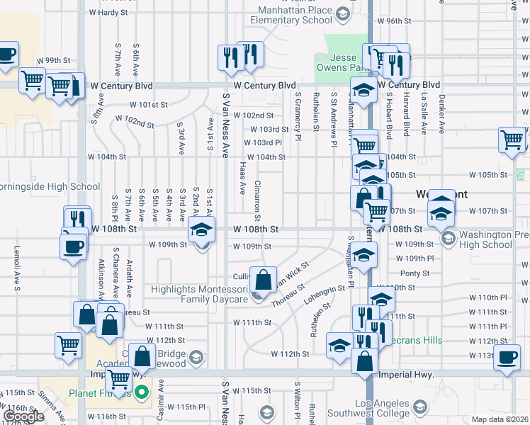 map of restaurants, bars, coffee shops, grocery stores, and more near 10636 Cimarron Street in Los Angeles