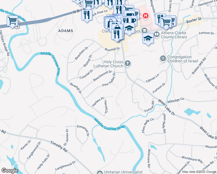 map of restaurants, bars, coffee shops, grocery stores, and more near 209 Pine Valley Drive in Athens